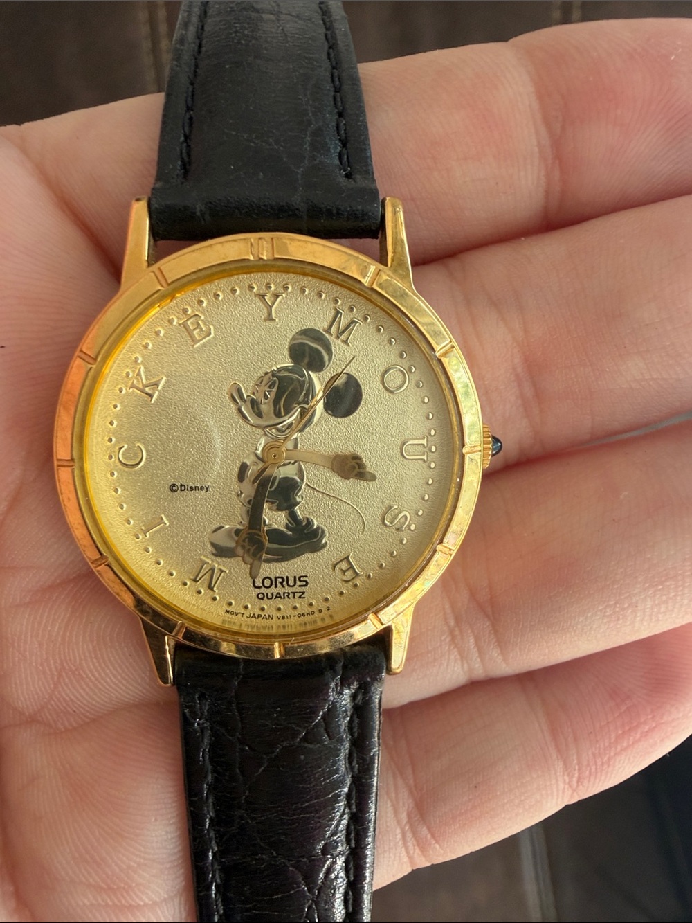 •DISNEY• Vintage Lorus Gold-Tone Embossed Coin-Style Mickey Quartz Wristwatch